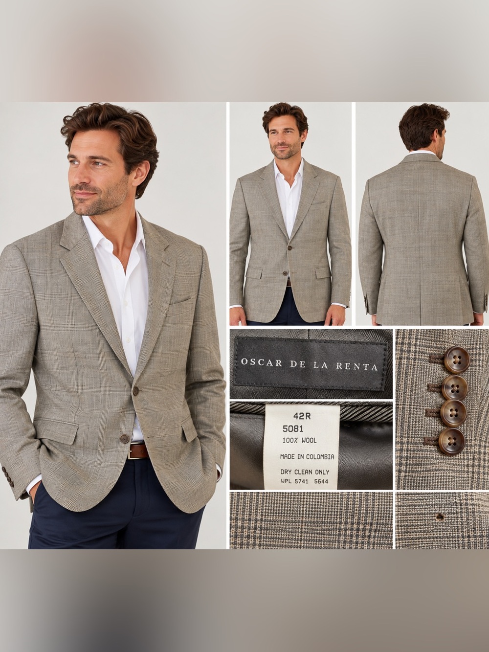 Oscar de la Renta Men’s 42R 100% Wool Glen Plaid Blazer Sport Coat